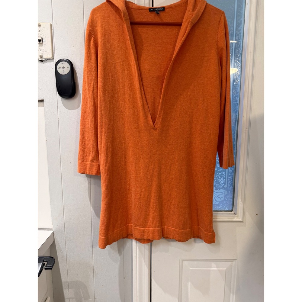 Eileen Fisher Organic Cotton Cashmere Hooded V-Neck Tunic Sweater Orange Small